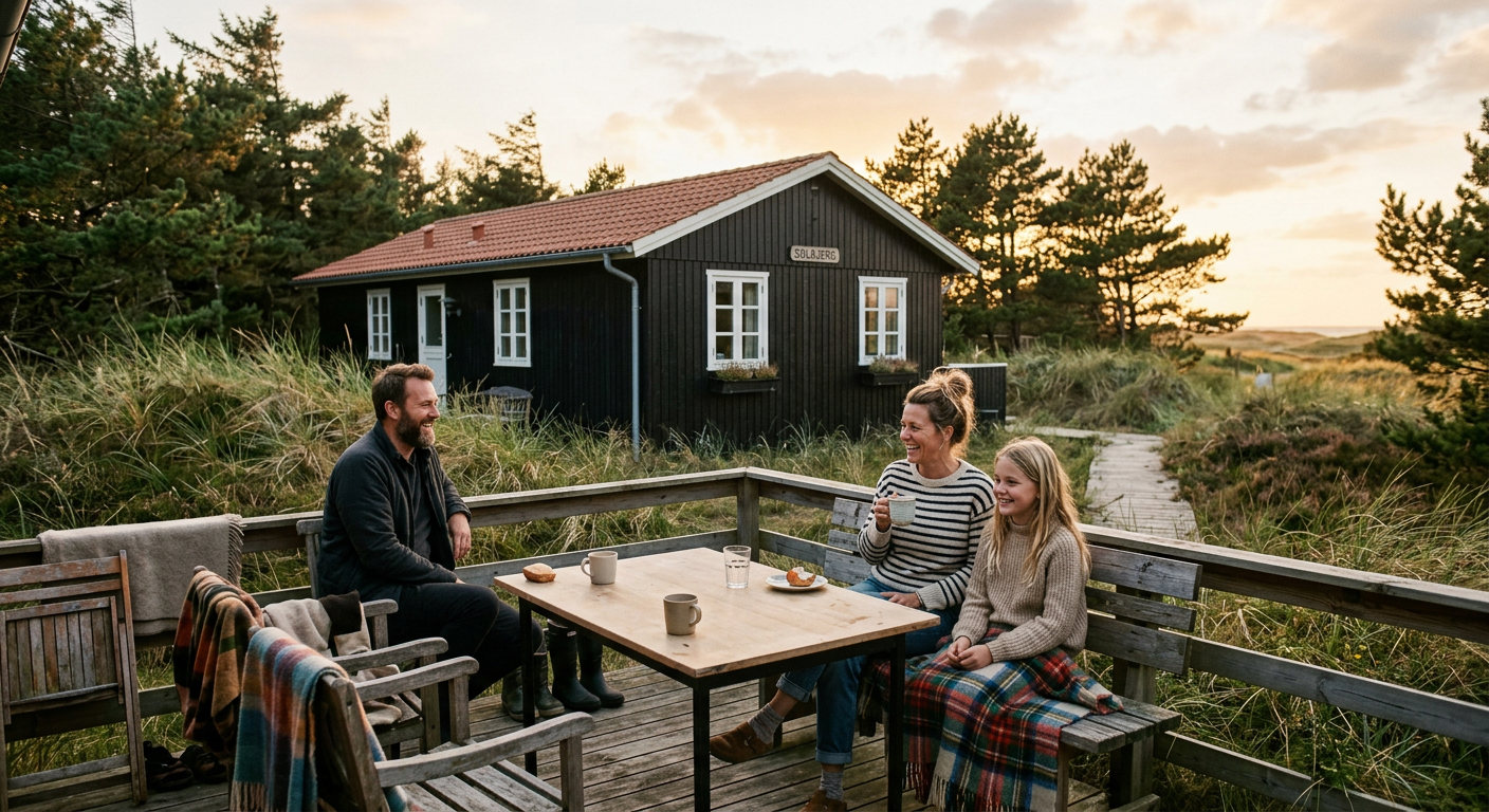 Terrassen ved familiens sommerhus en sommeraften